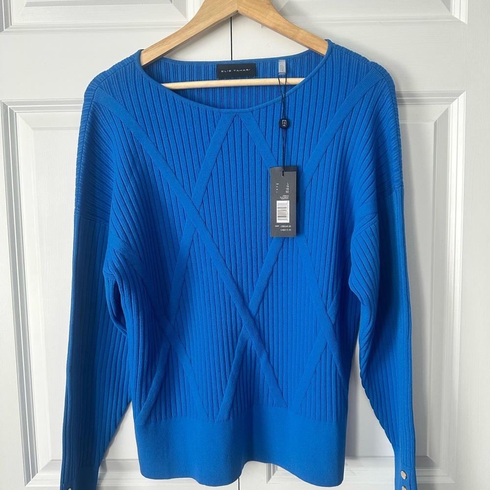 Nwt Elie Tahari Blue Ribbed Knit Sweater Size L Msrp $245